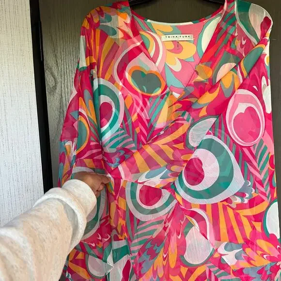 TRINA TURK Salon Maxi Caftan Dress in Dramont Size 12 Resort Multicolor Peacock - Picture 6 of 13